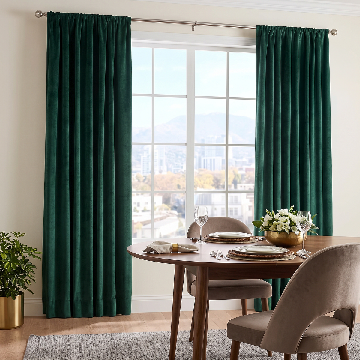 A bright sophisticated dining room with deep emerald curtains, a round wooden table, taupe upholstered chairs, elegant place settings, and a low floral centerpiece