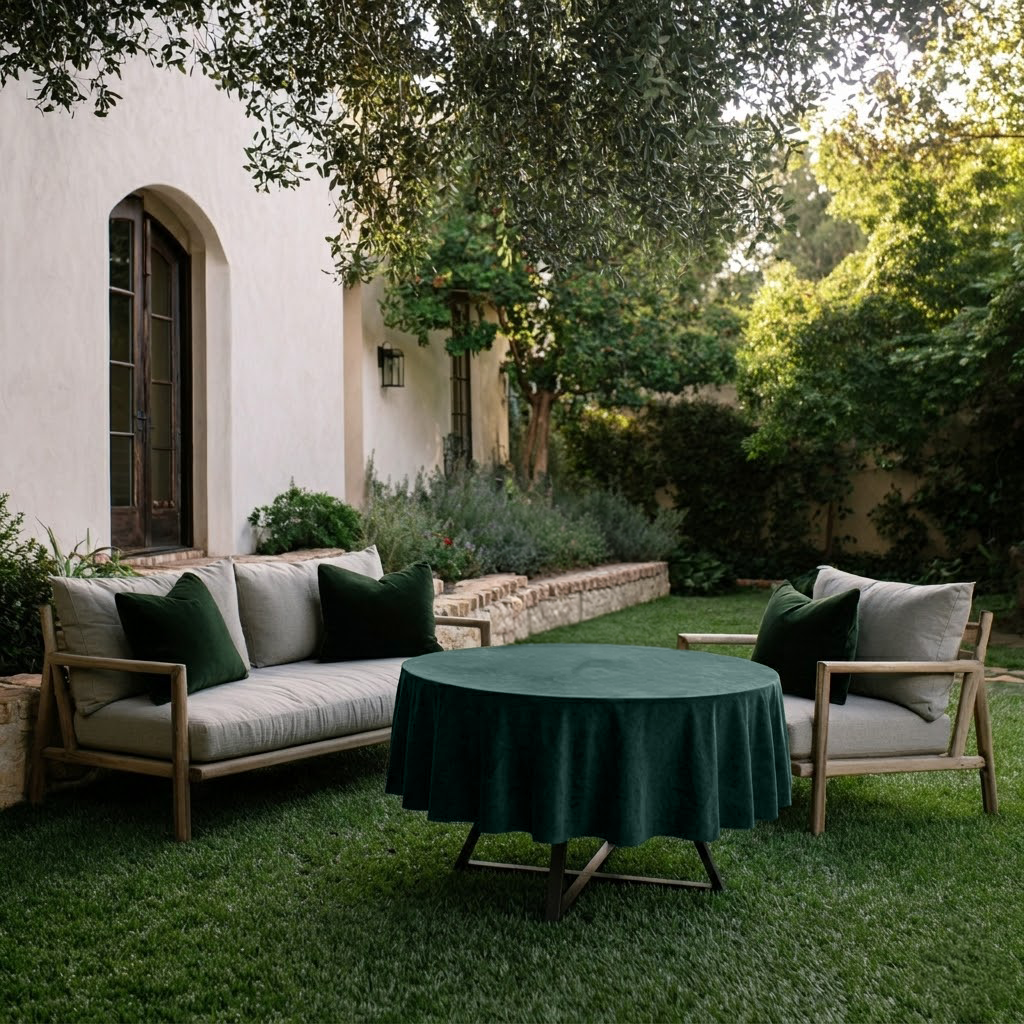 Hunter Green Velvet Round Tablecloth in a Garden Patio