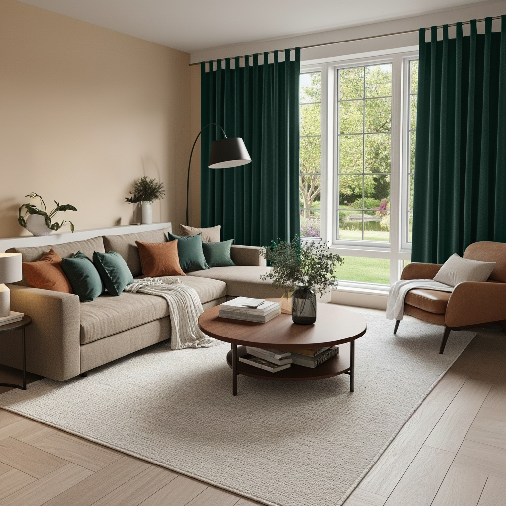 Hunter Green Velvet Tab Top Blackout Curtains in a Living Room with Cream Walls