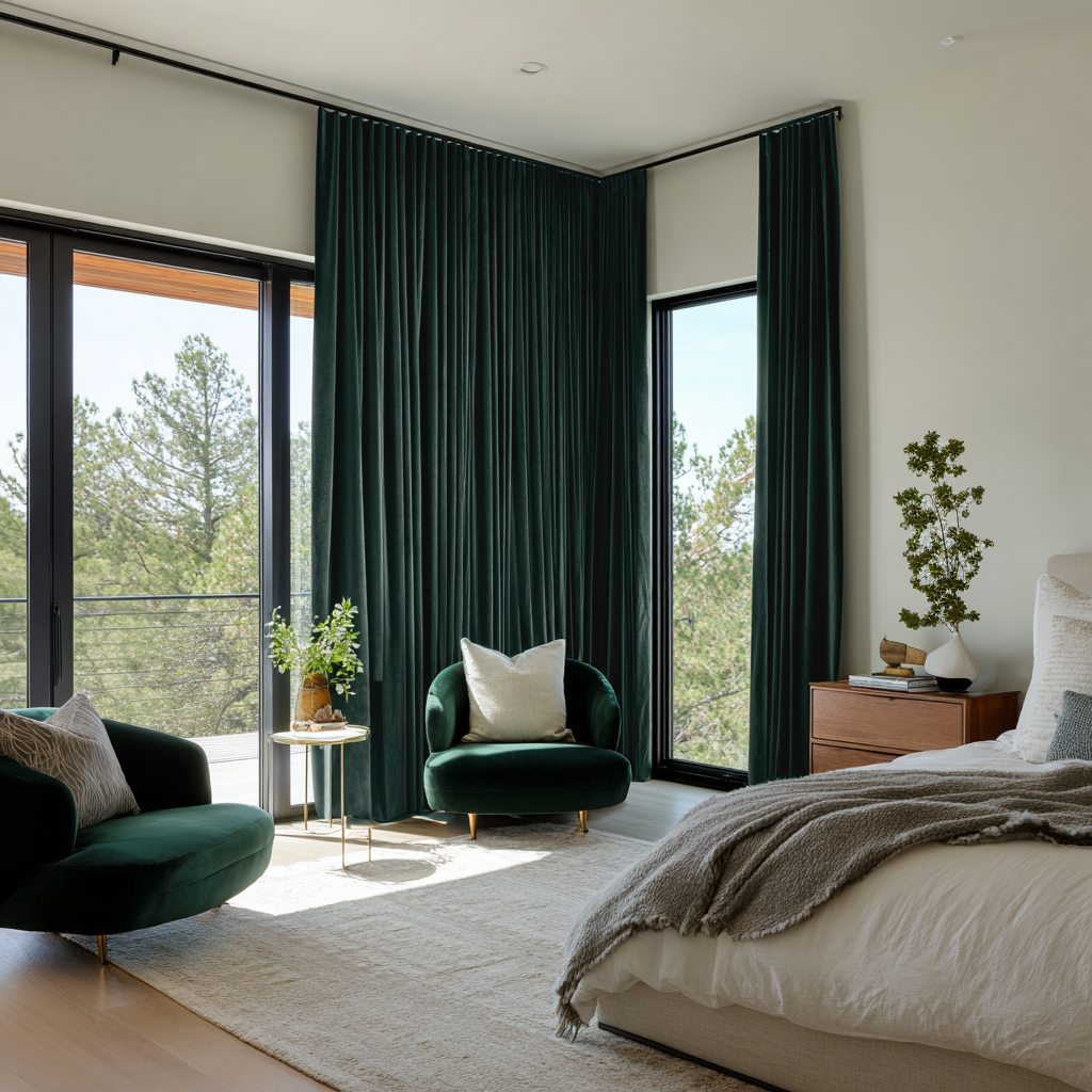 Hunter Green Velvet Thermal Curtains with Multitape