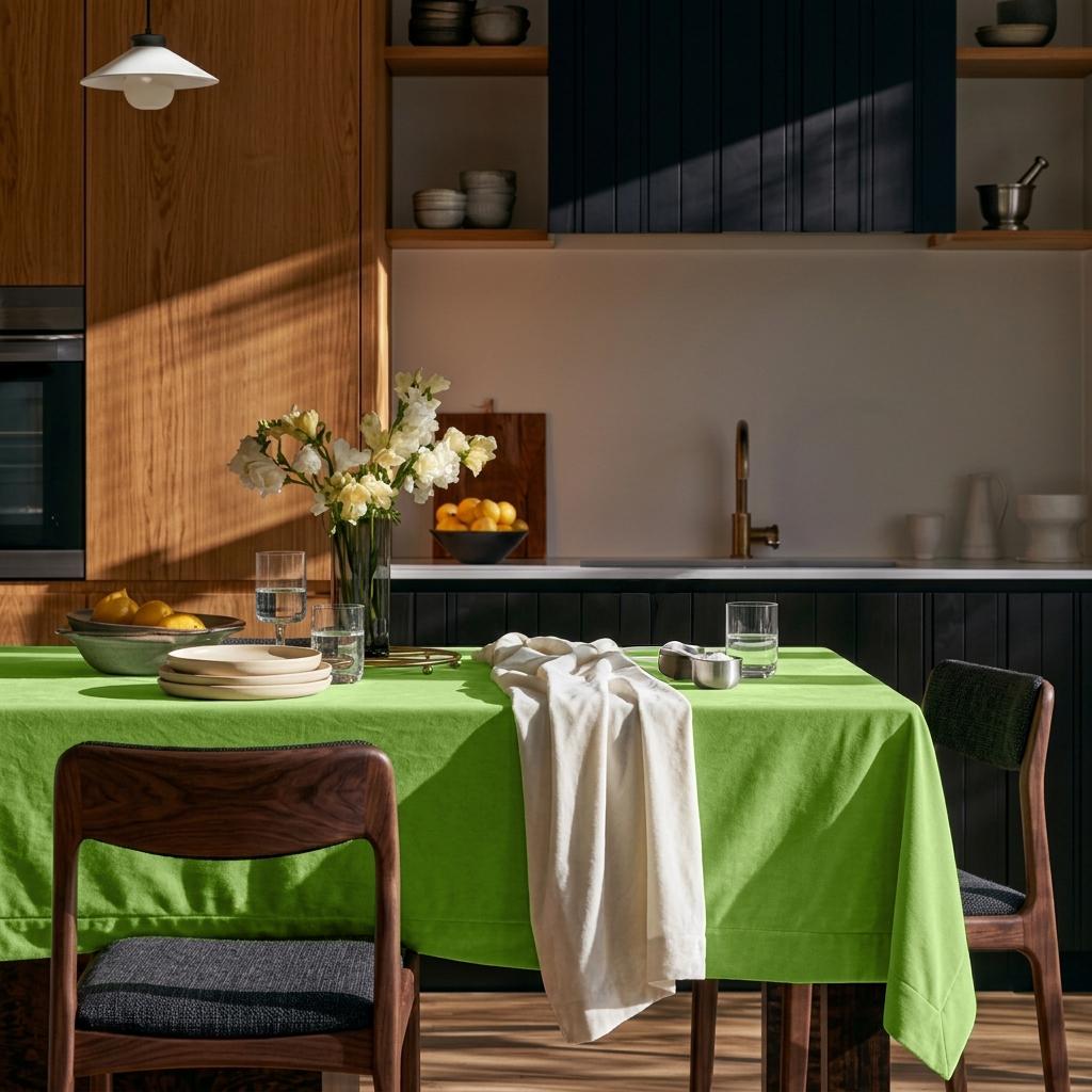 Light Green Rectangular Velvet Tablecloth in a Contemporary Kitchen with Navy Cabinetry and Walnut Chairs