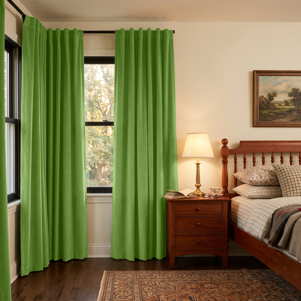 Light Green Velvet Back Tab Extra Long Curtains in a Traditional Bedroom with Wooden Bed and Classic Nightstand