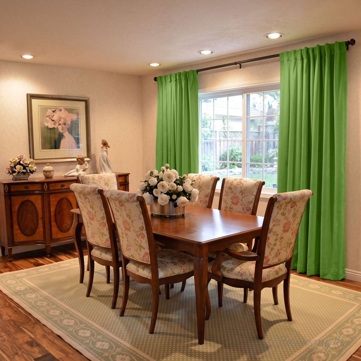 Traditional dining room with bright green rod-pocket curtains, floral chairs, and warm wooden furniture.