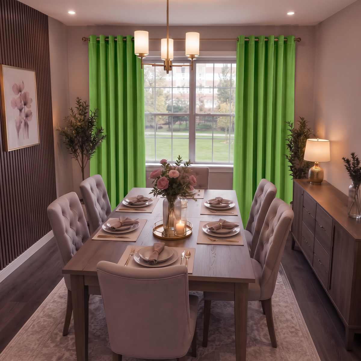 Contemporary dining room with bright green grommet curtains, upholstered chairs, and warm ambient lighting