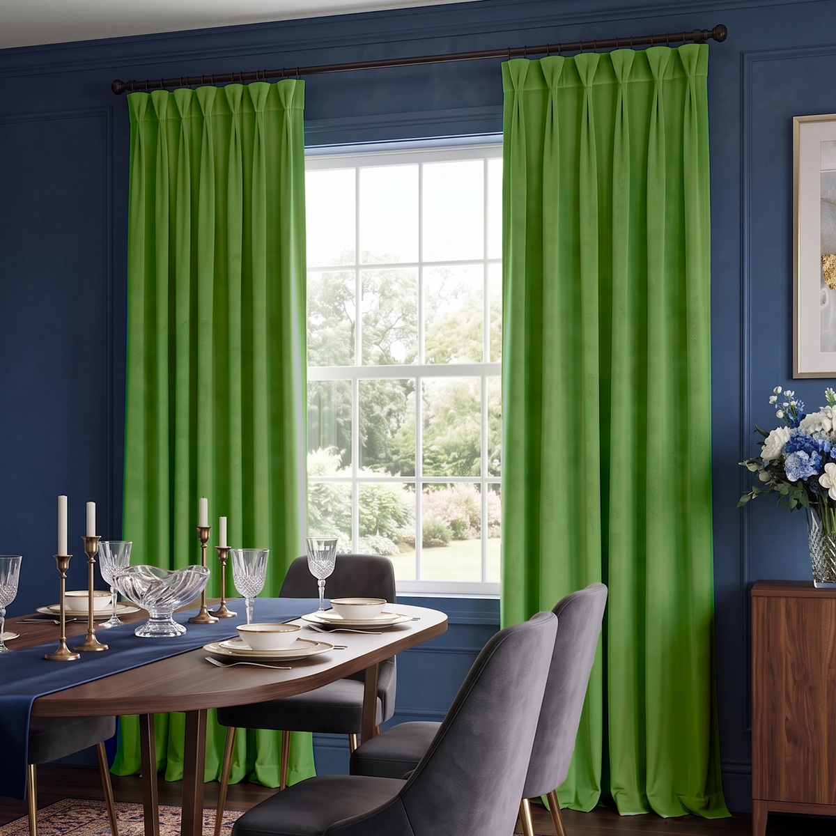Bold dining room with bright green pinch-pleat curtains, navy walls, and elegant modern furniture.
