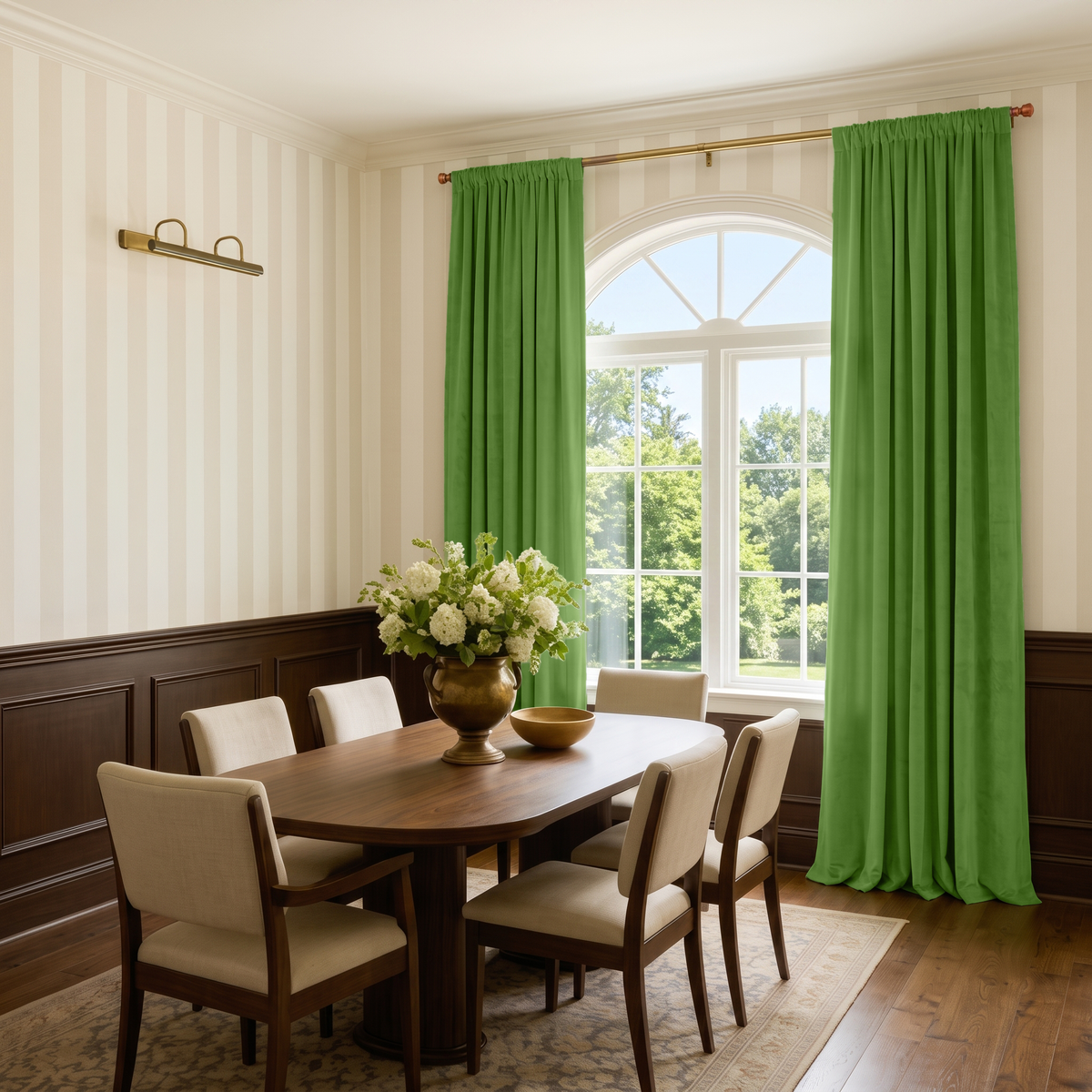 Classic dining room with bright green rod-pocket curtains, dark wood paneling, and elegant neutral furniture.
