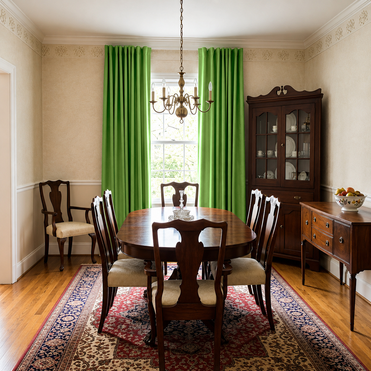 Traditional dining room with bright green back-tab curtains, antique wooden furniture, and a classic chandelier.