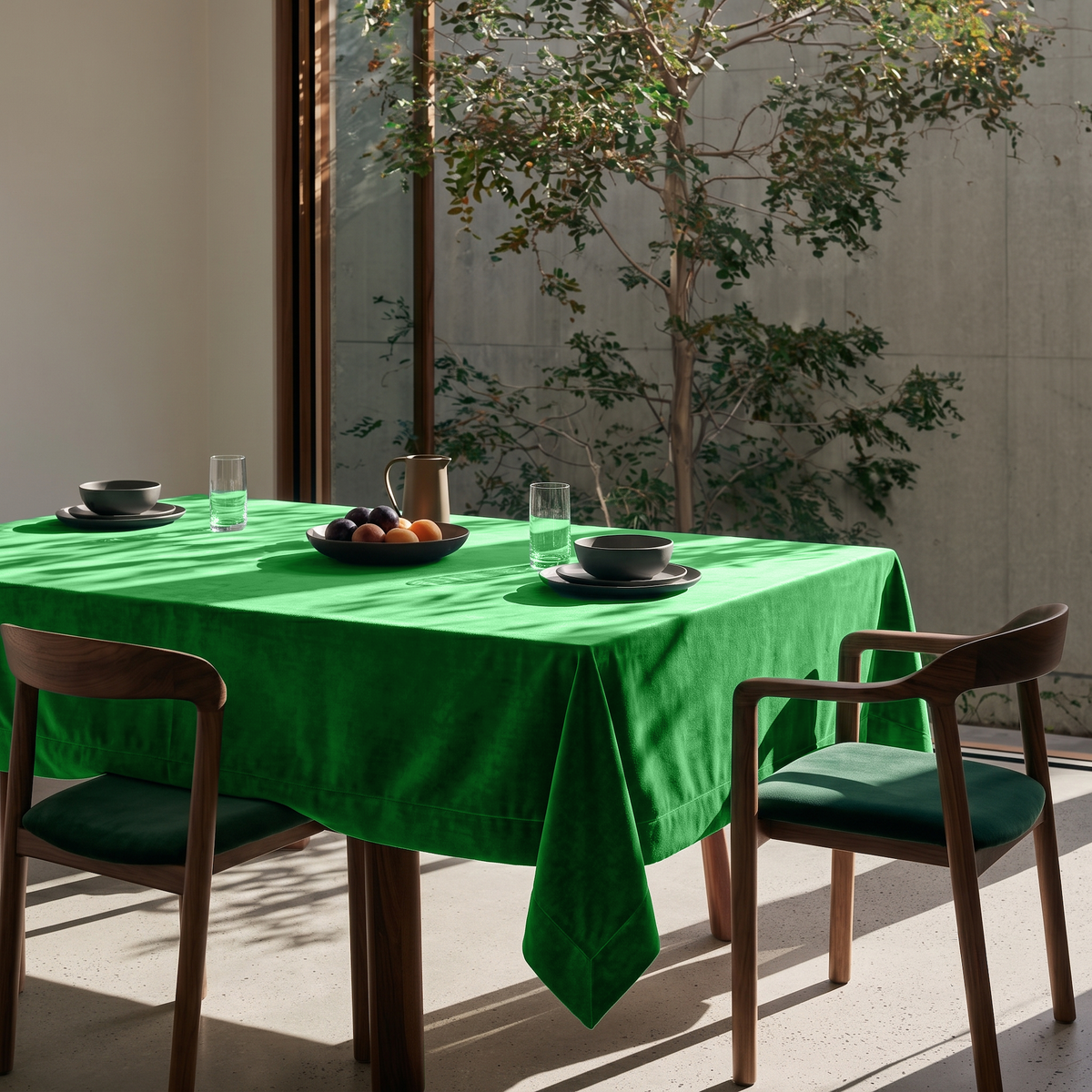 Lime Green Rectangular Velvet Tablecloth in a Contemporary Dining Room with Walnut Chairs