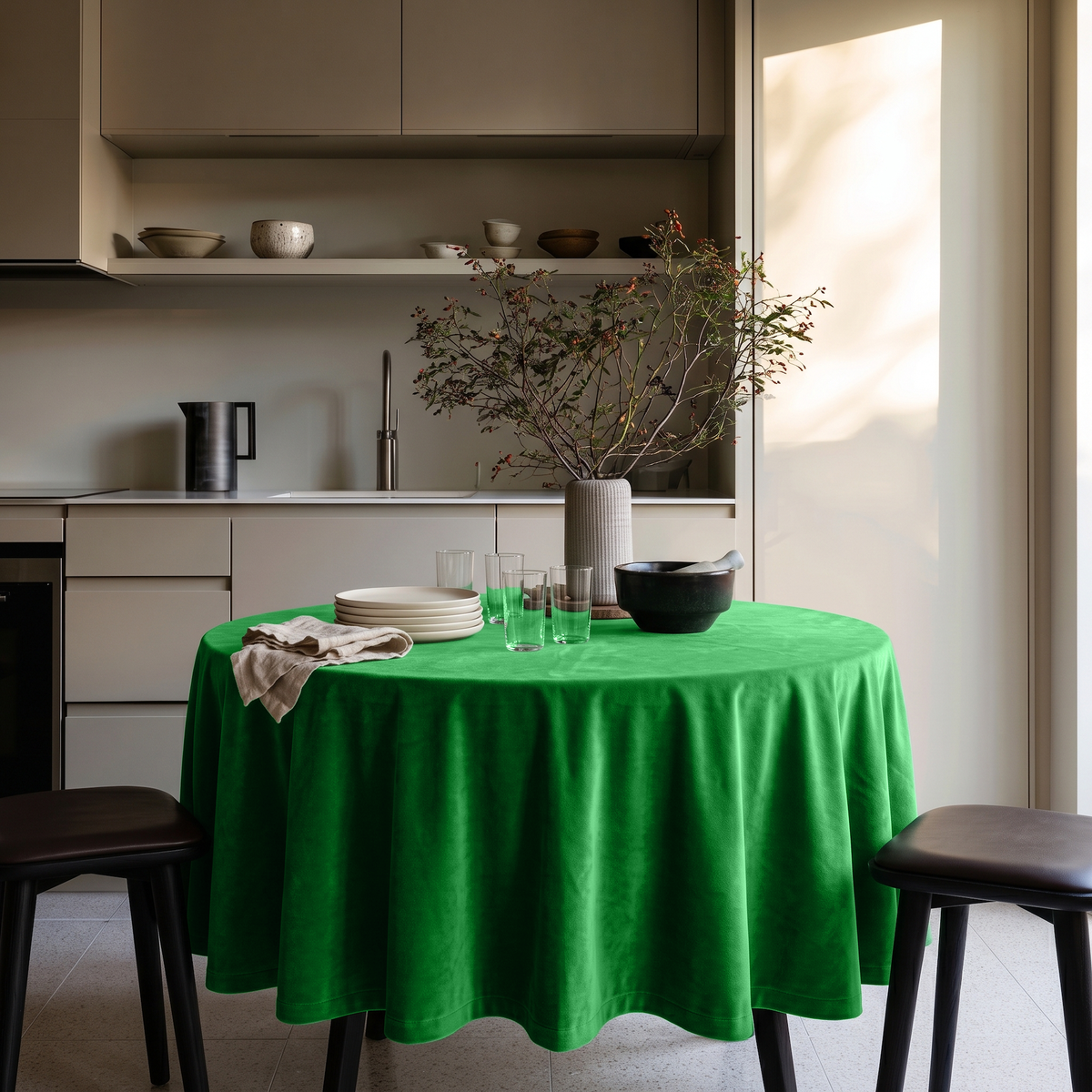 Lime Green Round Velvet Tablecloth in a Modern Kitchen with Taupe Cabinetry and Black Stools