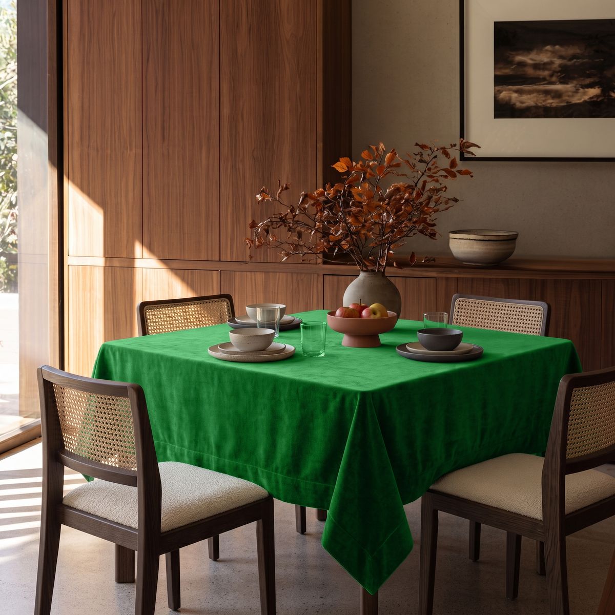 Lime Green Square Velvet Tablecloth in a Contemporary Dining Room with Walnut Paneling and Cane Chairs