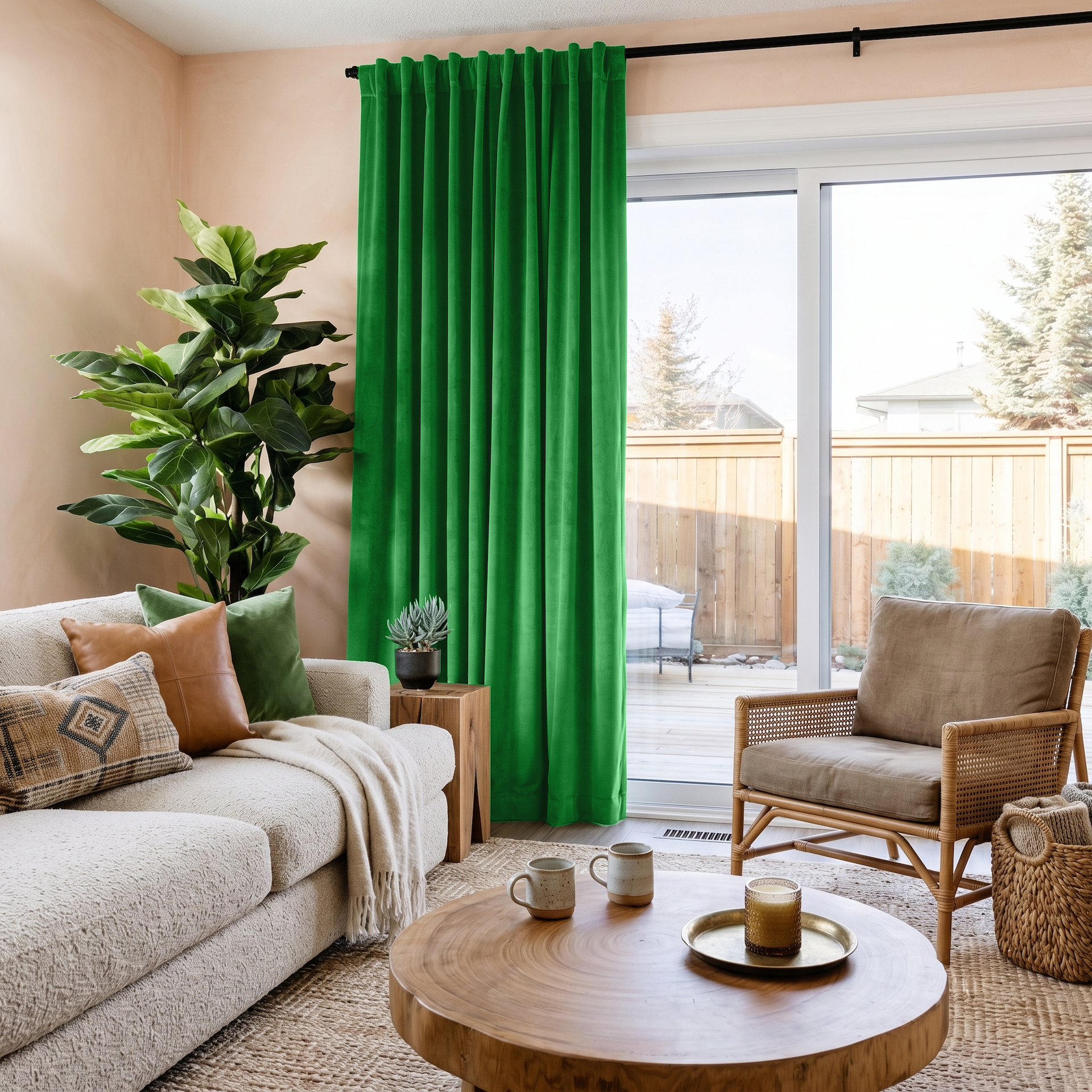 Lime Green Velvet Back Tab Sliding Patio Door Curtains in a Cozy Living Room with Peach Walls and a Cream Bouclé Sofa