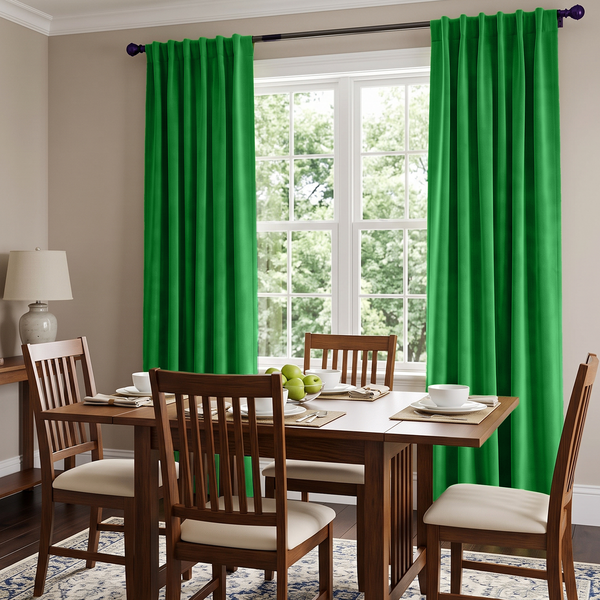 Bright dining room with vivid green back-tab curtains, wooden furniture, and fresh garden views.