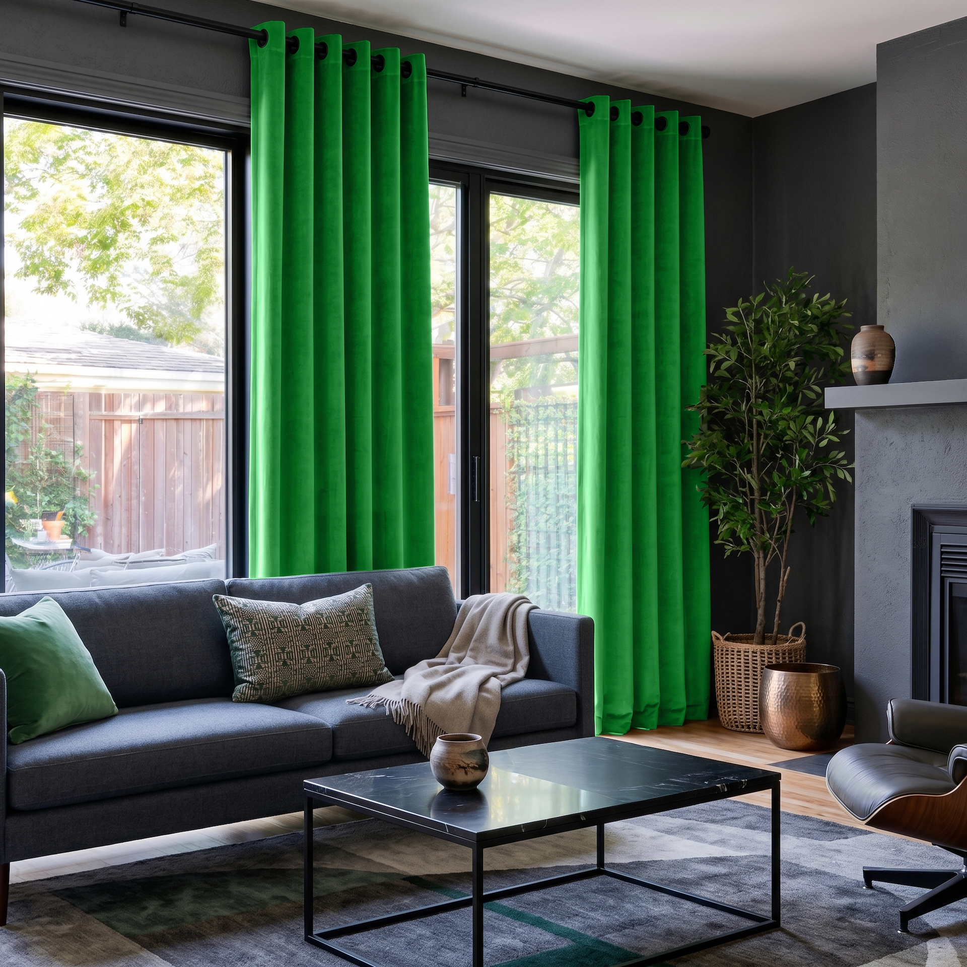 Lime Green Velvet Eyelet Sliding Patio Door Curtains in a Modern Living Room with Charcoal Walls and a Grey Sofa