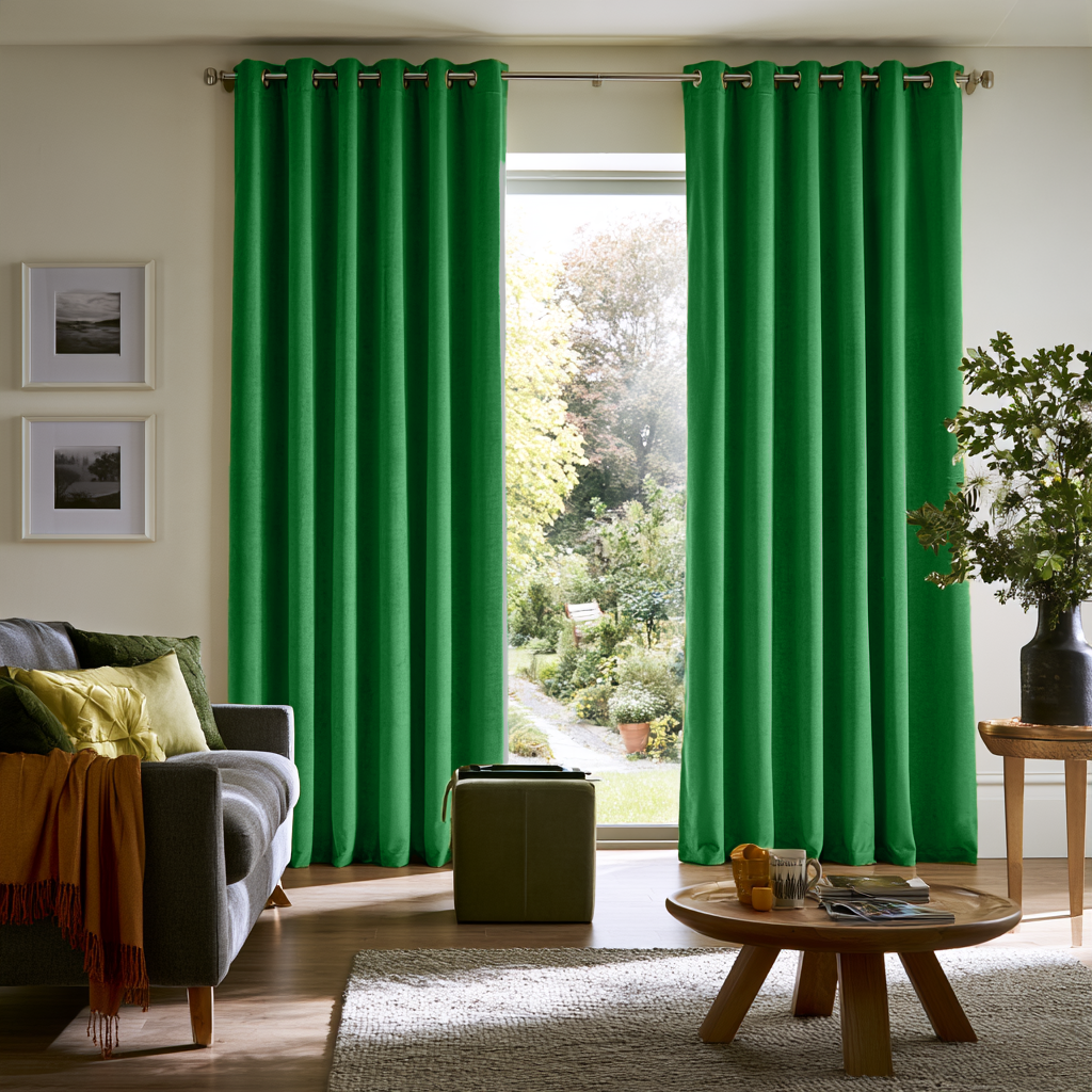 Lime Green Velvet Eyelets Extra Long Curtains in a Contemporary Living Room with Grey Sofa and Garden View