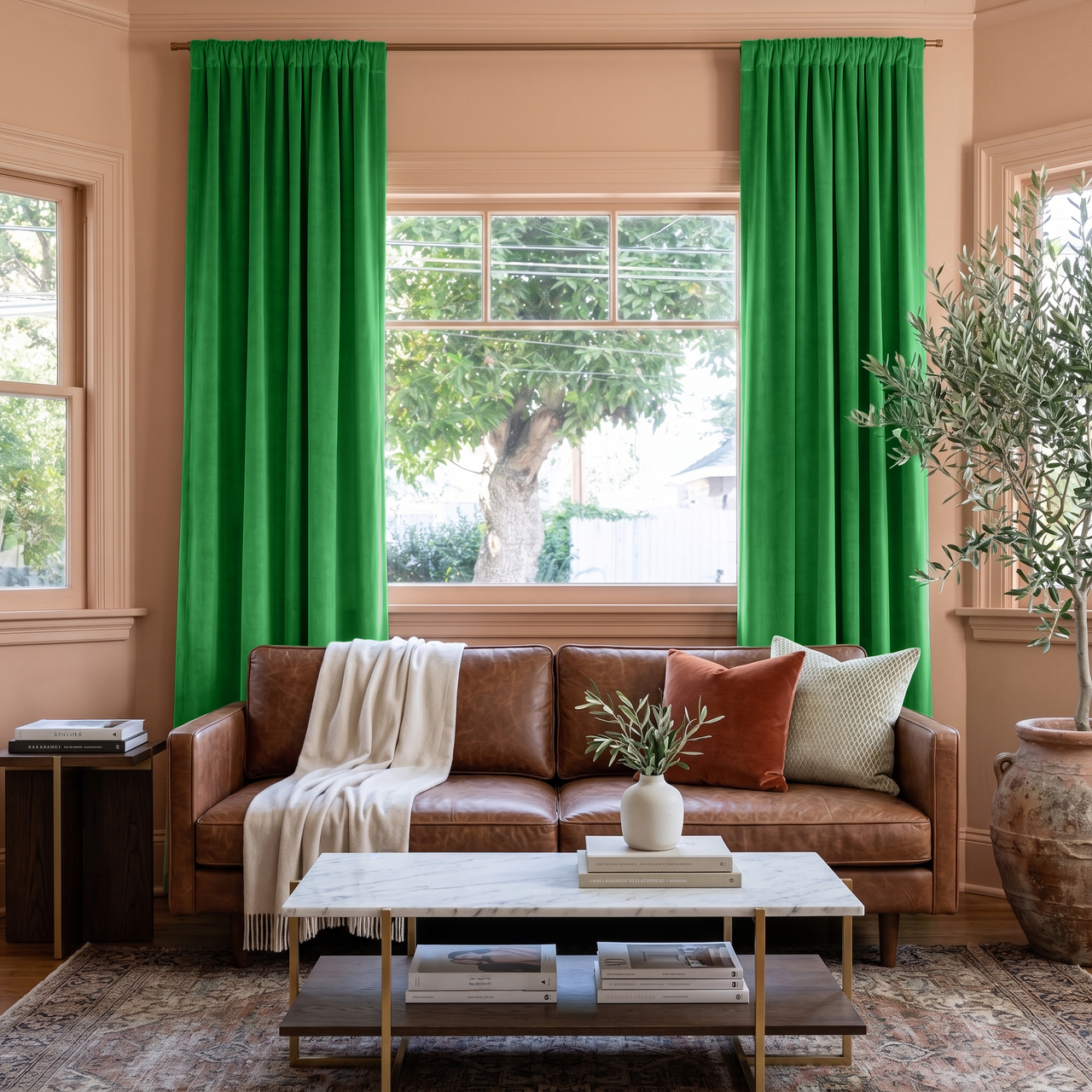 Lime Green Velvet Multitape Thermal Curtains in a Warm Living Room with Peach Beige Walls and a Brown Leather Sofa