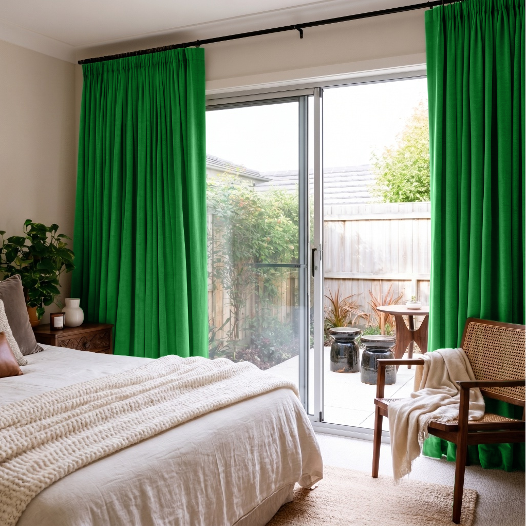 Lime Green Velvet Pencil Pleat Sliding Patio Door Curtains in a Bright Bedroom with Cream Bedding and a Rattan Chair