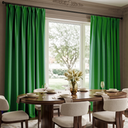 Elegant dining room with vivid green pinch-pleat curtains, modern wooden furniture, and garden views.
