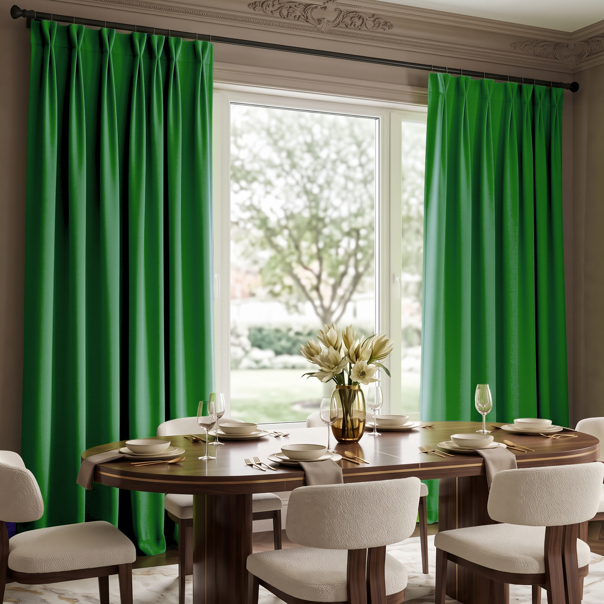 Elegant dining room with vivid green pinch-pleat curtains, modern wooden furniture, and garden views.
