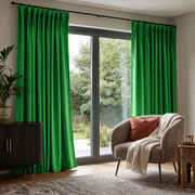 Lime Green Velvet Pinch Pleat Sliding Patio Door Curtains in a Minimal Sitting Room with Taupe Walls and a Rounded Armchair