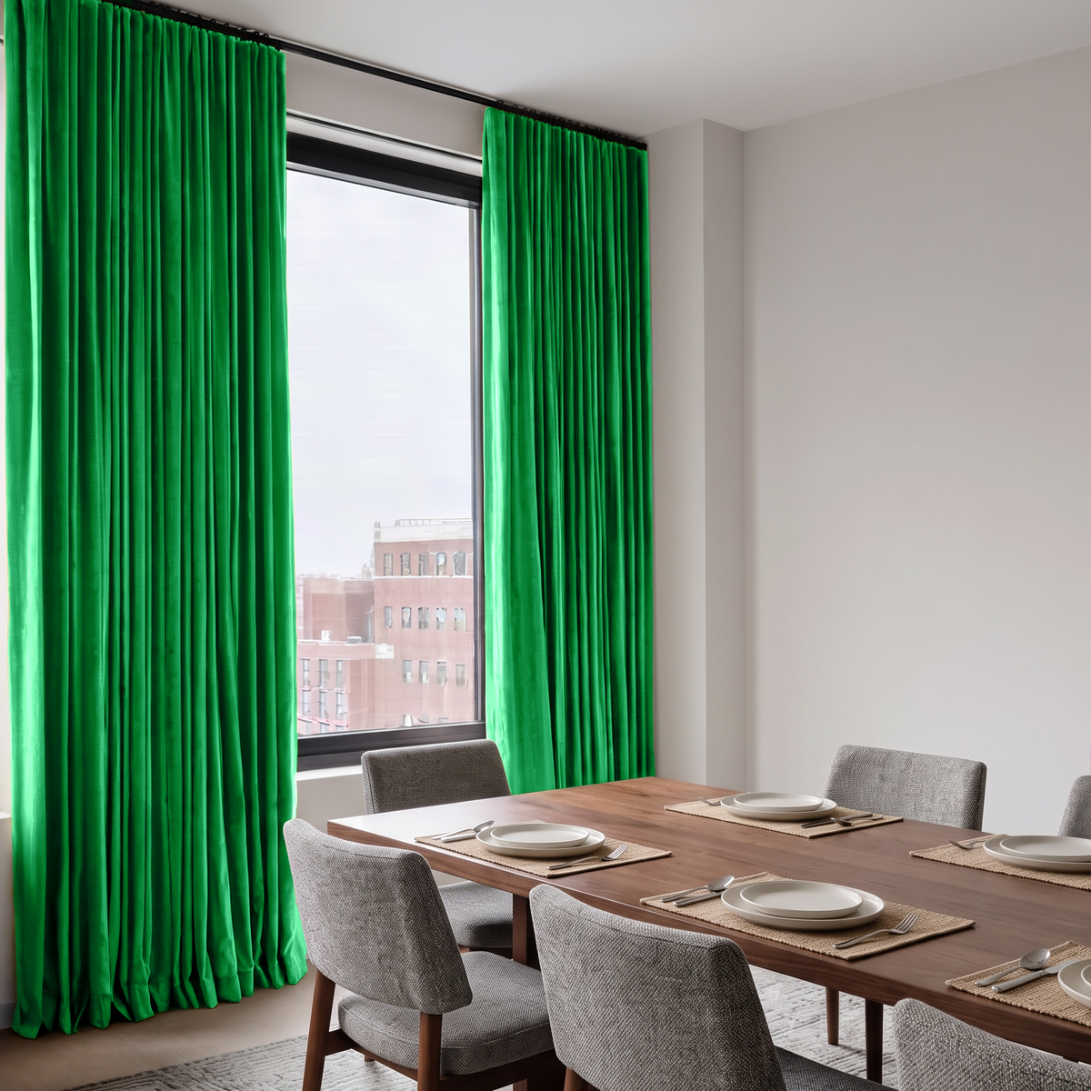 Modern dining room with vivid green S-fold curtains, contemporary furniture, and a city view.
