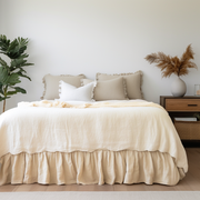 Cream Linen Bed Skirt with Gathered Ruffles