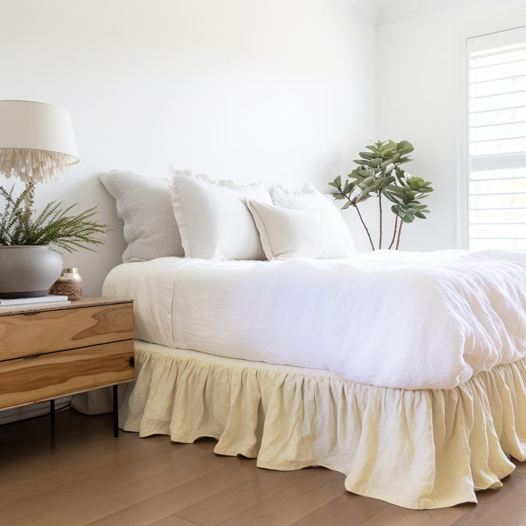 Cream Linen Bed Skirt with Gathered Ruffles