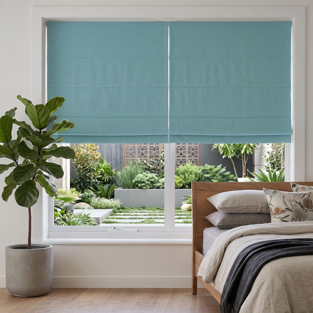 Aquamarine Roman Blinds in a Modern Bedroom with White Walls, a Wooden Bed Frame and Neutral Bedding.