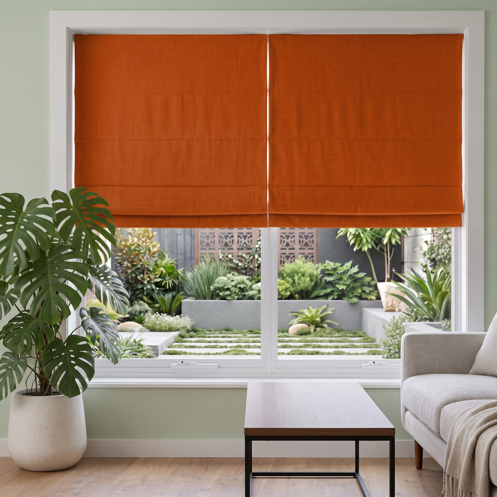 Burnt Orange Linen Cordless Roman Blinds in a Modern Bedroom