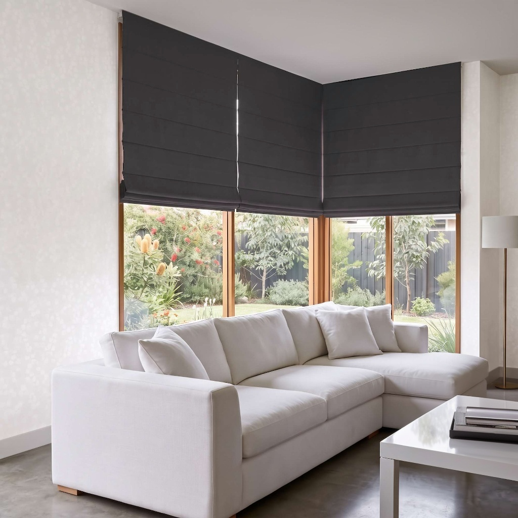 Charcoal Cordless Linen Roman Blinds in a Modern Living Room with Off-White Walls and a White Sectional