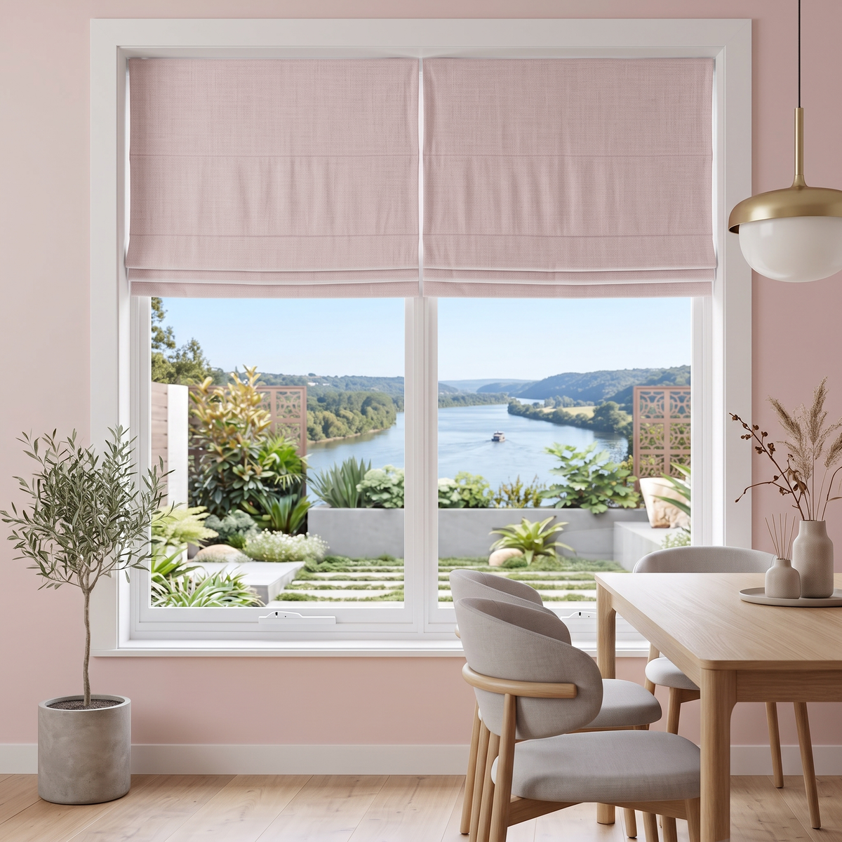 Dusty Pink Roman Blinds in a Modern Dining Room with Warm Pink Walls and a Light Wood Dining Table