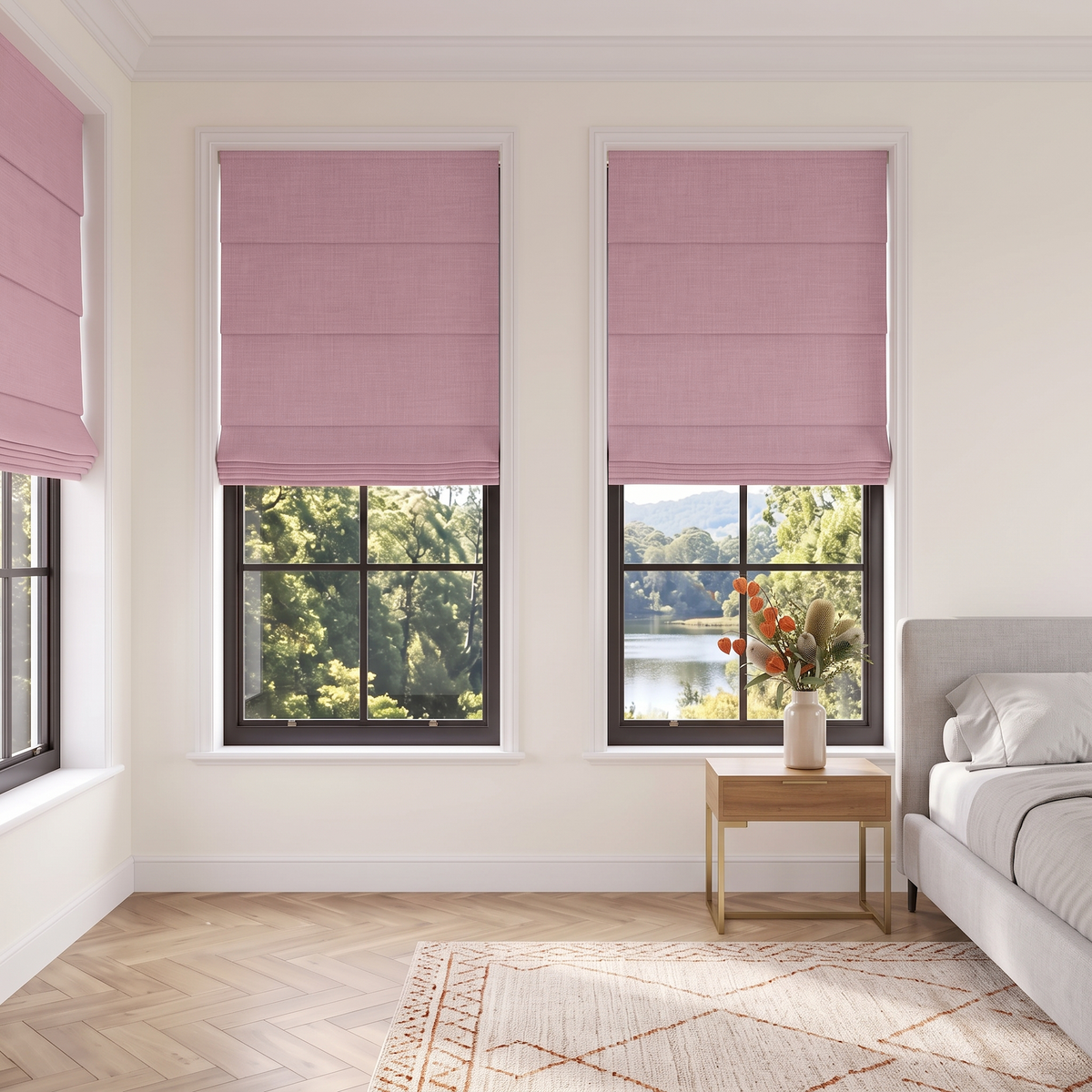Dusty Rose Roman Blinds in a Modern Bedroom with Light Walls