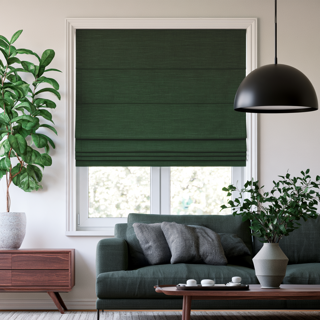 Forest Green Linen Cordless Roman Blinds in a Modern Living Room with White Walls and a Green Sofa