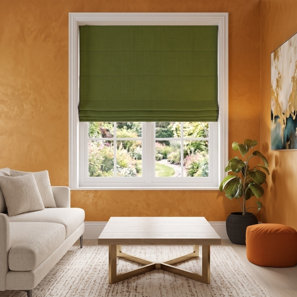 Moss Green Roman Blinds in a Modern Living Room with Terracotta Walls and White Sofa