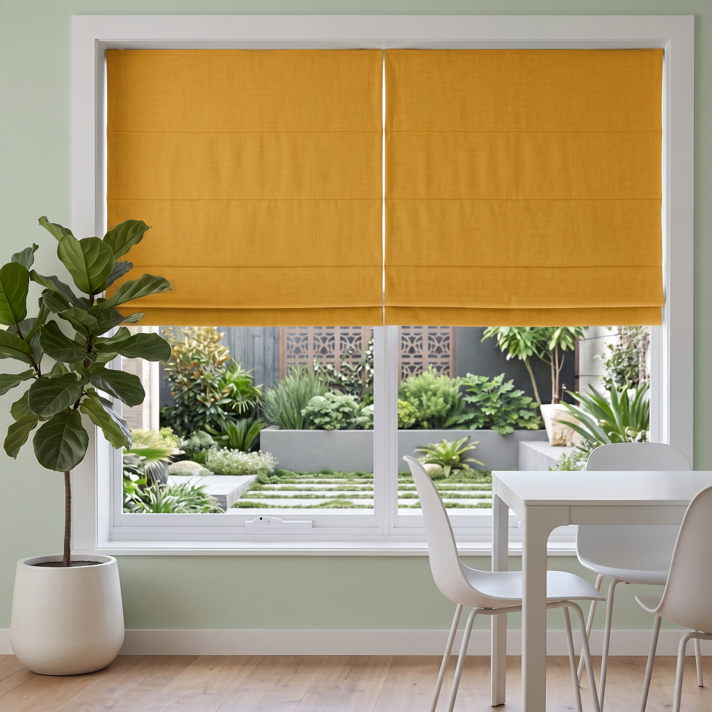 Yellow Roman Blinds in a Modern Living Room with White Walls and a White Sectional Sofa