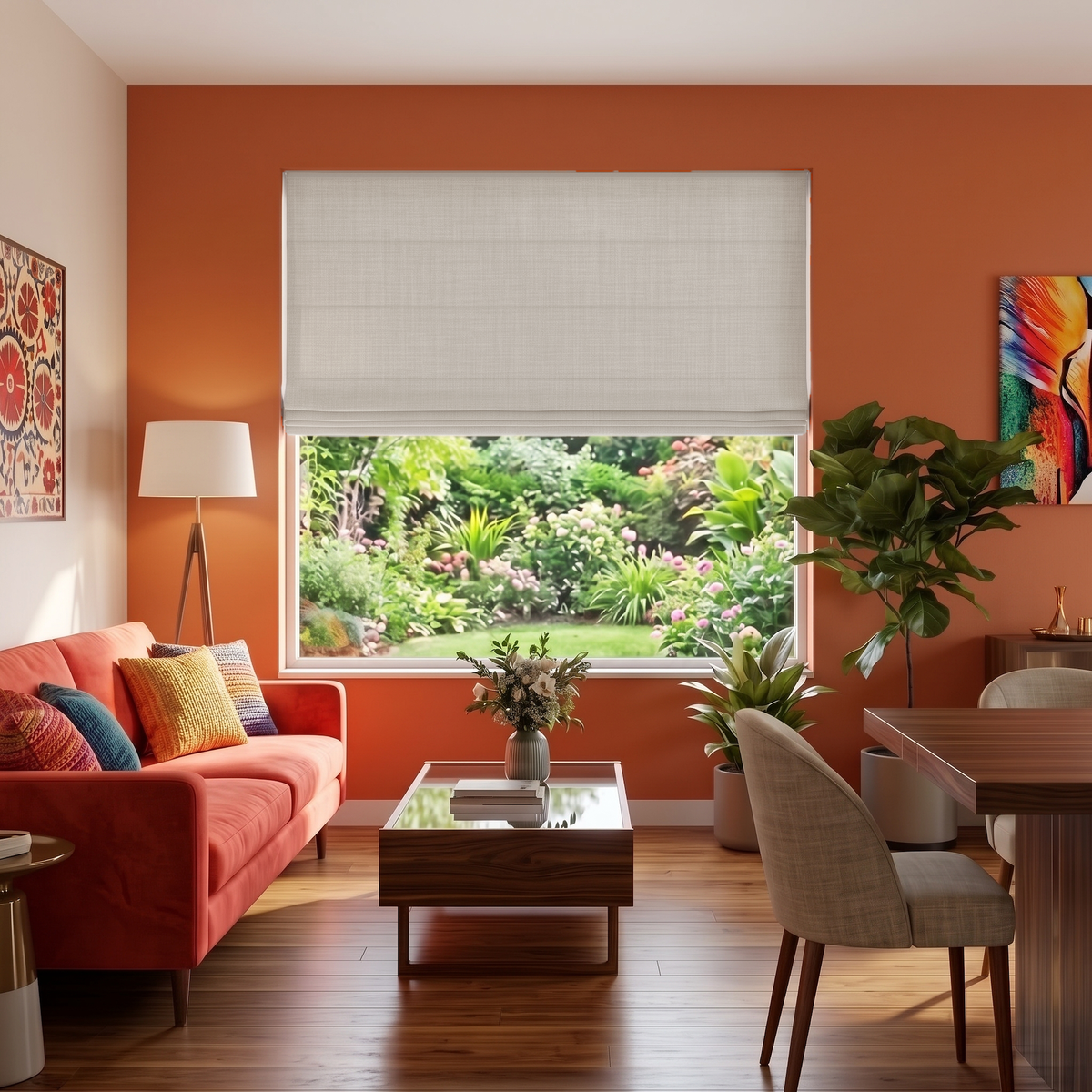 Natural Roman Blinds in a Contemporary Living Room with Terracotta Walls and a Coral Sofa