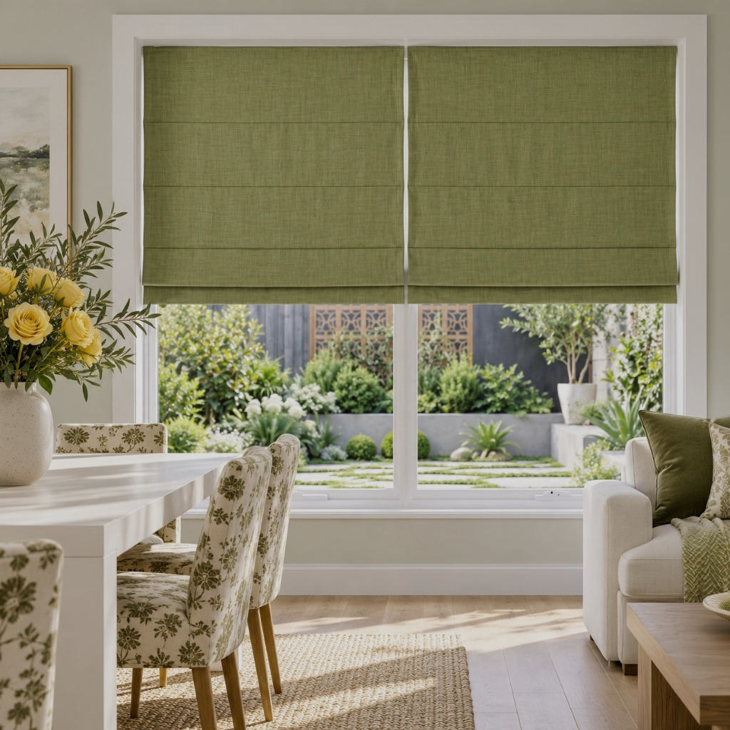 Olive Green Cordless Linen Roman Blinds in a Modern Dining Room with Off-White Walls and a White Dining Table