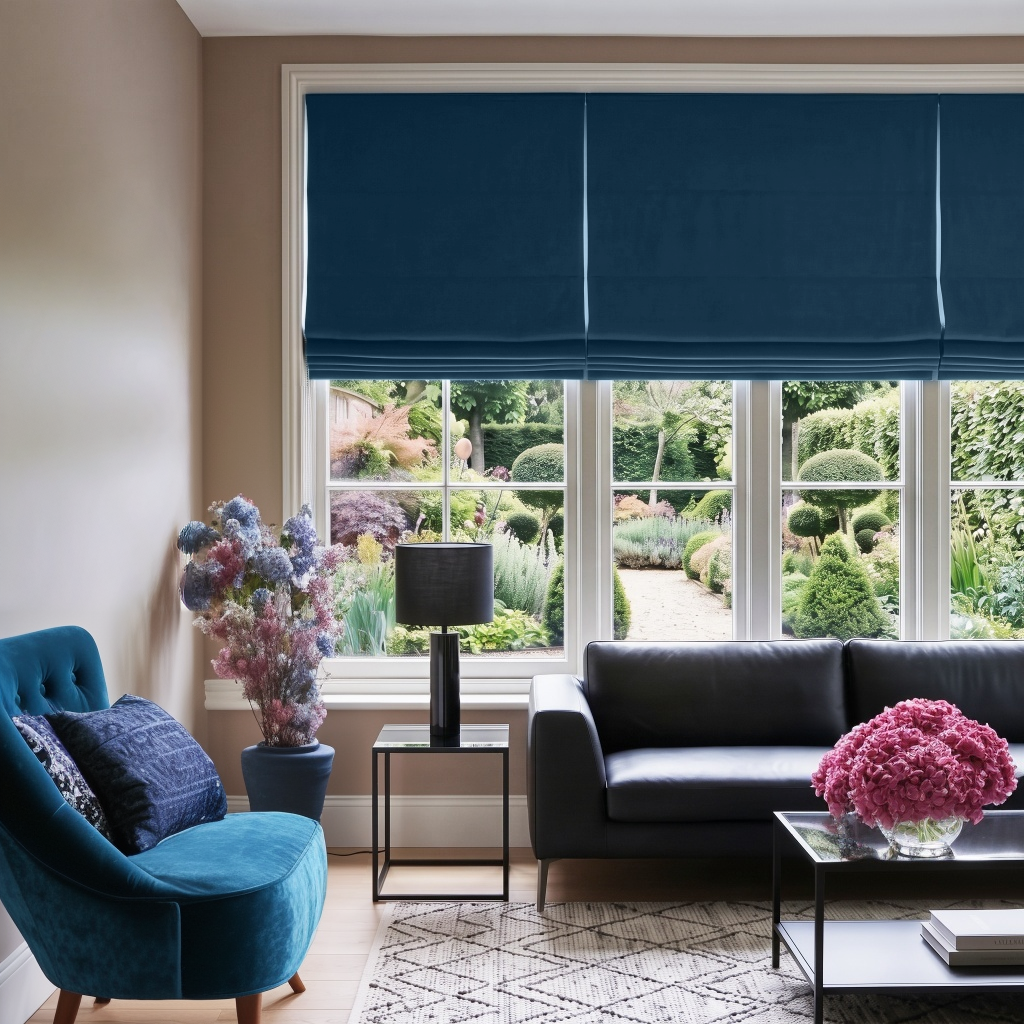 Peacock Blue Linen Cordless Roman Blinds in a Traditional Living Room with Beige Walls and a Tufted Blue Armchair