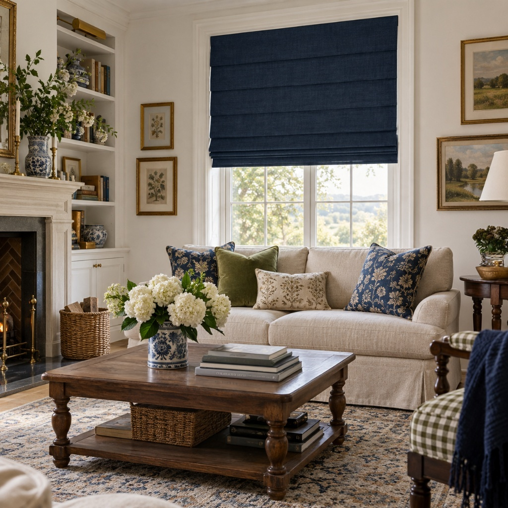 Royal Blue Linen Cordless Roman Blinds in a Traditional Living Room with White Walls, a Light Beige Sofa and a Rustic Wood Coffee Table.