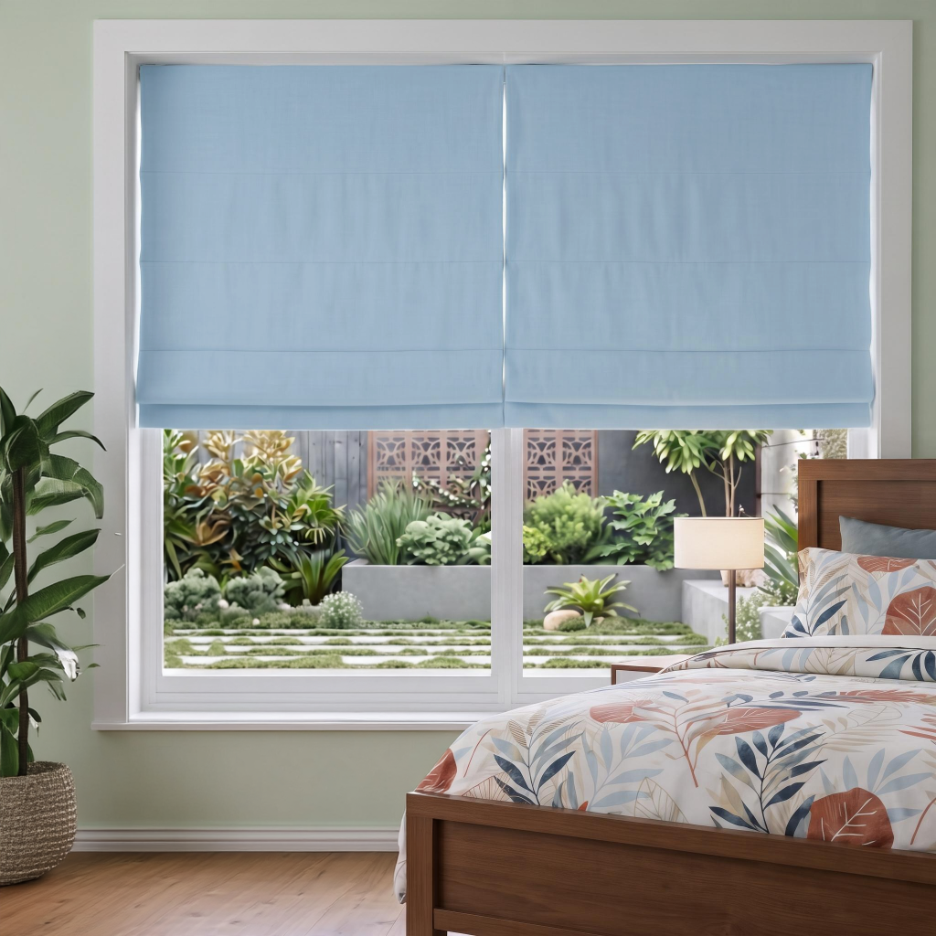 Sky Blue Cordless Linen Roman Blinds in a Modern Bedroom with Soft Green Walls and a Wooden Bed Frame