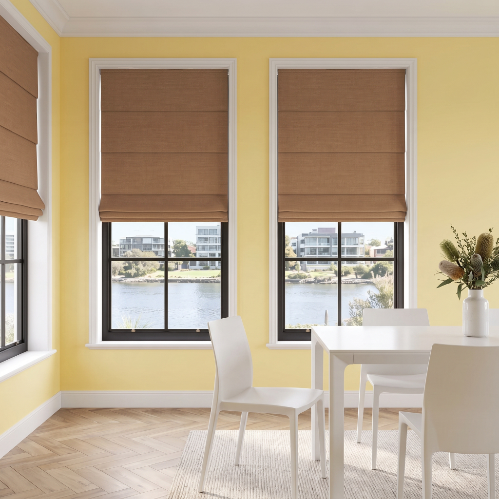 Tawny Brown Cordless Linen Roman Blinds in a Dining Room with Yellow Walls and a White Dining Table