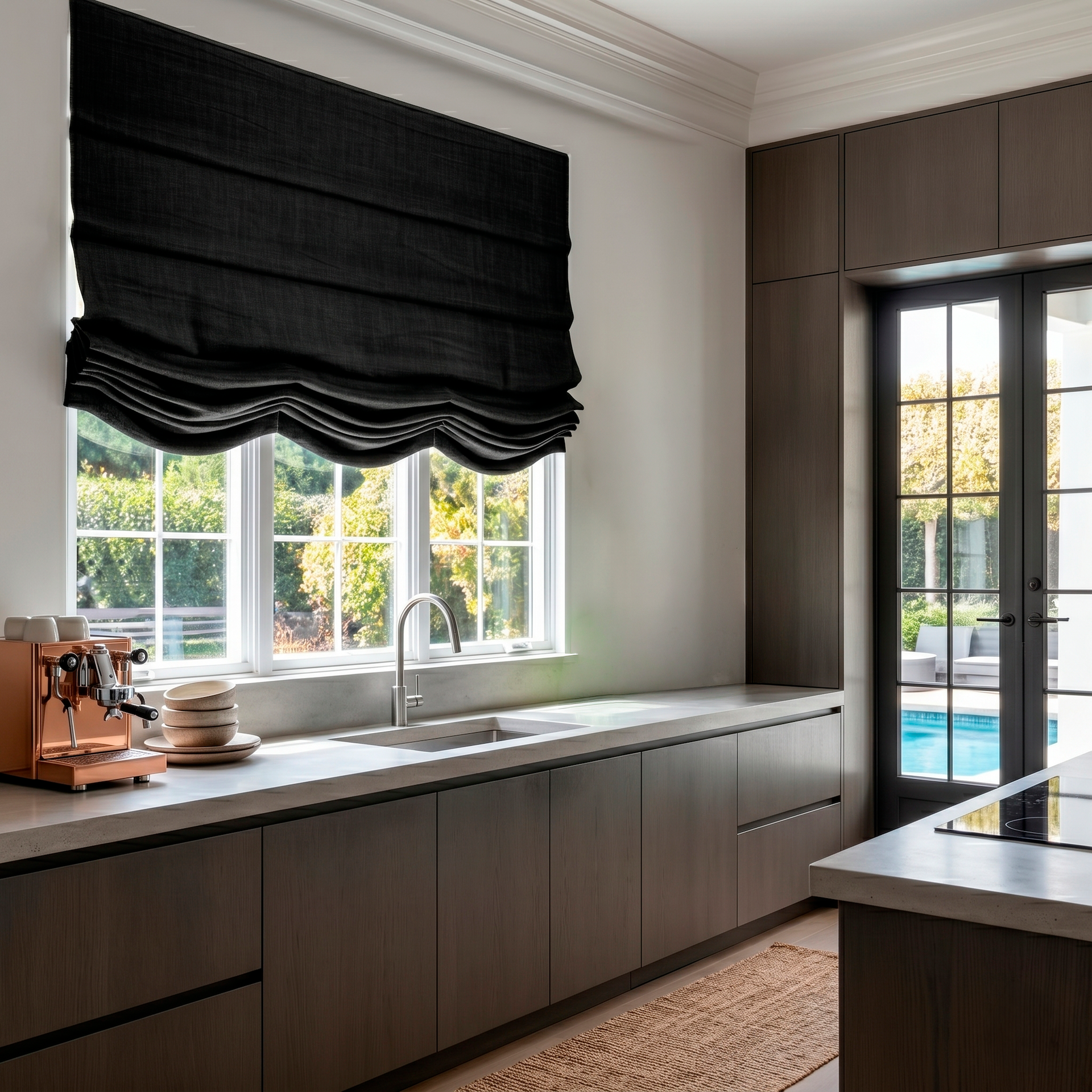 Black Linen Relaxed Roman Blinds in a Contemporary Kitchen with Dark Wood Cabinetry - Blackout Lining