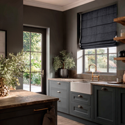 Dim Grey Linen Roman Blinds in a Moody Contemporary Kitchen with Charcoal Cabinetry - Blackout Lining