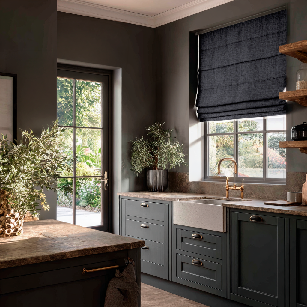 Dim Grey Linen Roman Blinds in a Moody Contemporary Kitchen with Charcoal Cabinetry - Blackout Lining