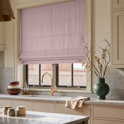 Dusty Pink Linen Roman Blinds in a Bright Contemporary Kitchen with Marble Countertop - Blackout Lining