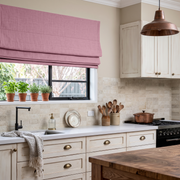 Dusty Rose Linen Roman Blinds in a Traditional Kitchen with Cream Cabinetry - Blackout Lining