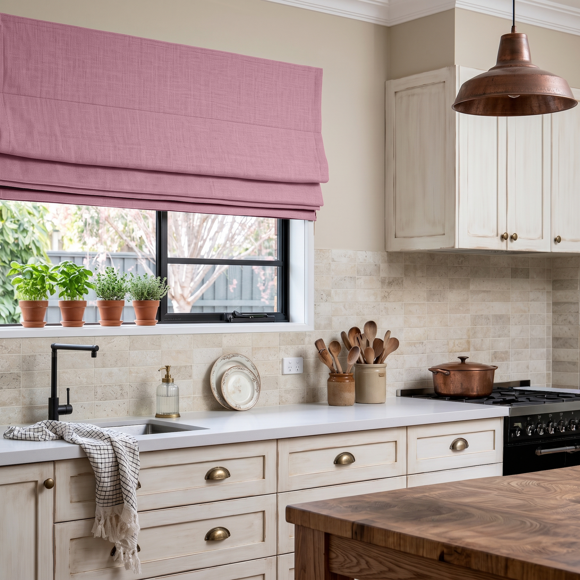 Dusty Rose Linen Roman Blinds in a Traditional Kitchen with Cream Cabinetry - Blackout Lining