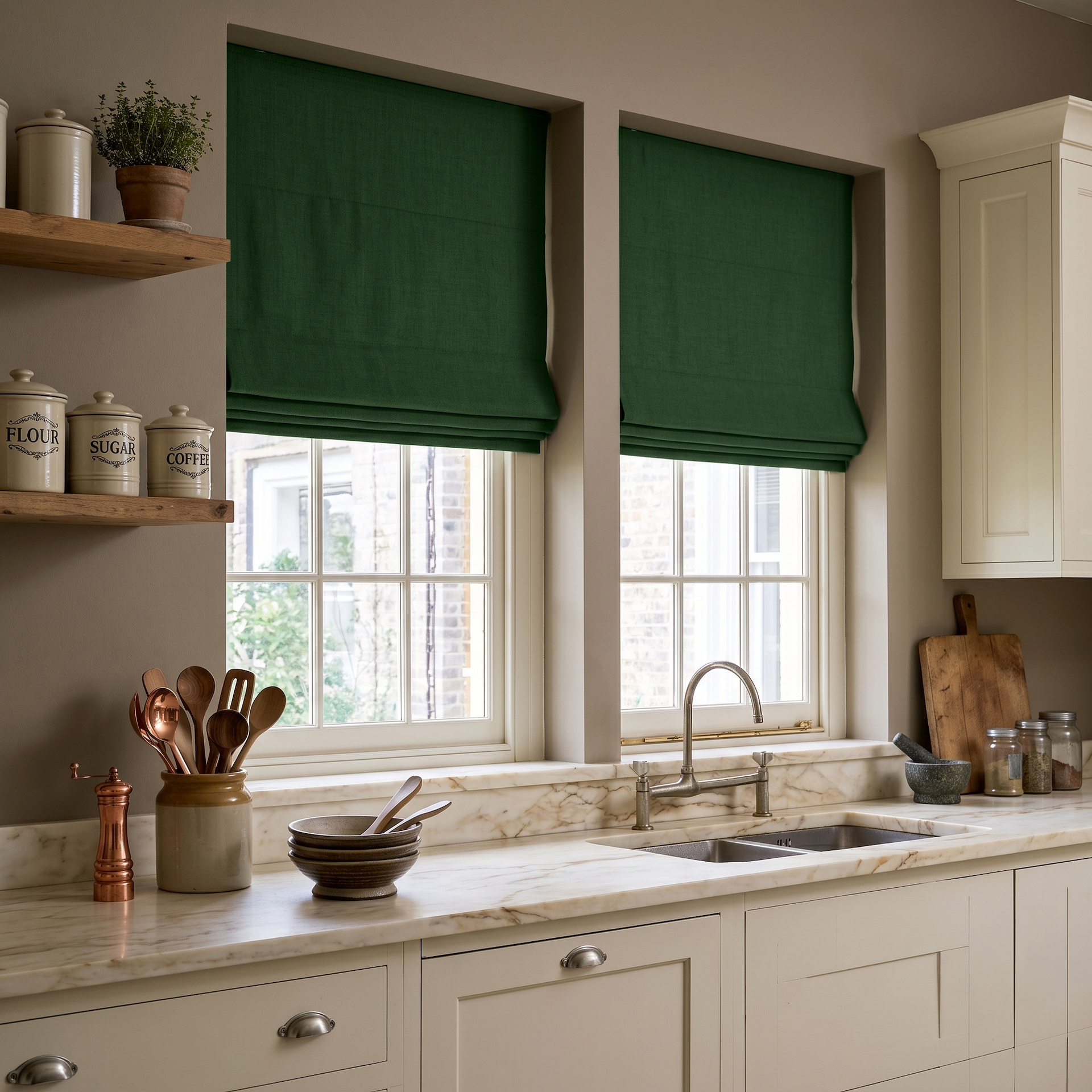 Forest Green Linen Roman Blinds in a Bright Traditional Kitchen with Double Windows - Blackout Lining