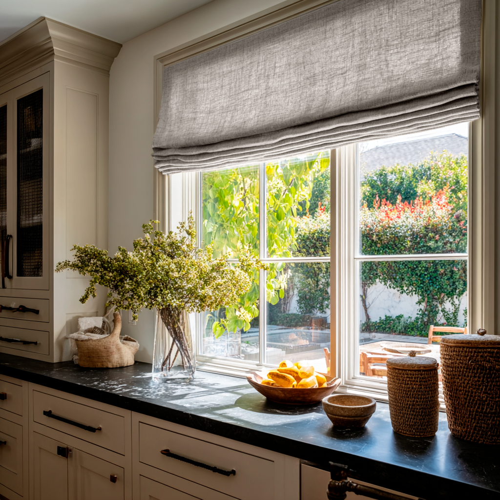 Natural Linen Roman Blinds in a Warm Contemporary Kitchen with Cream Cabinetry - Blackout Lining