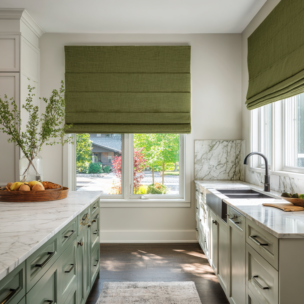Olive Green Linen Roman Blinds in a Bright Transitional Kitchen with Sage and Cream Cabinetry - Blackout Lining