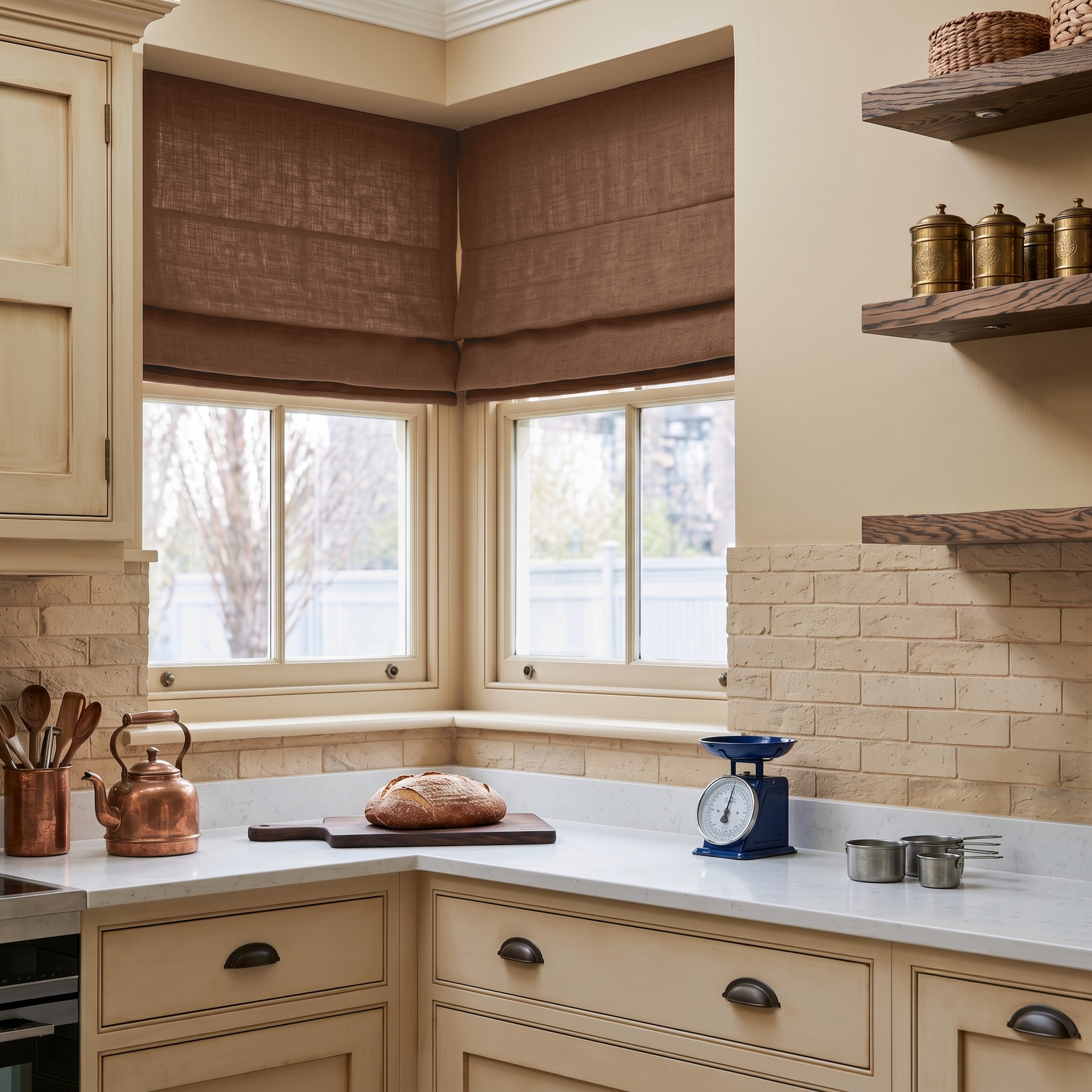 Tawny Brown Linen Roman Blinds in a Classic Kitchen with Cream Cabinetry - Blackout Lining